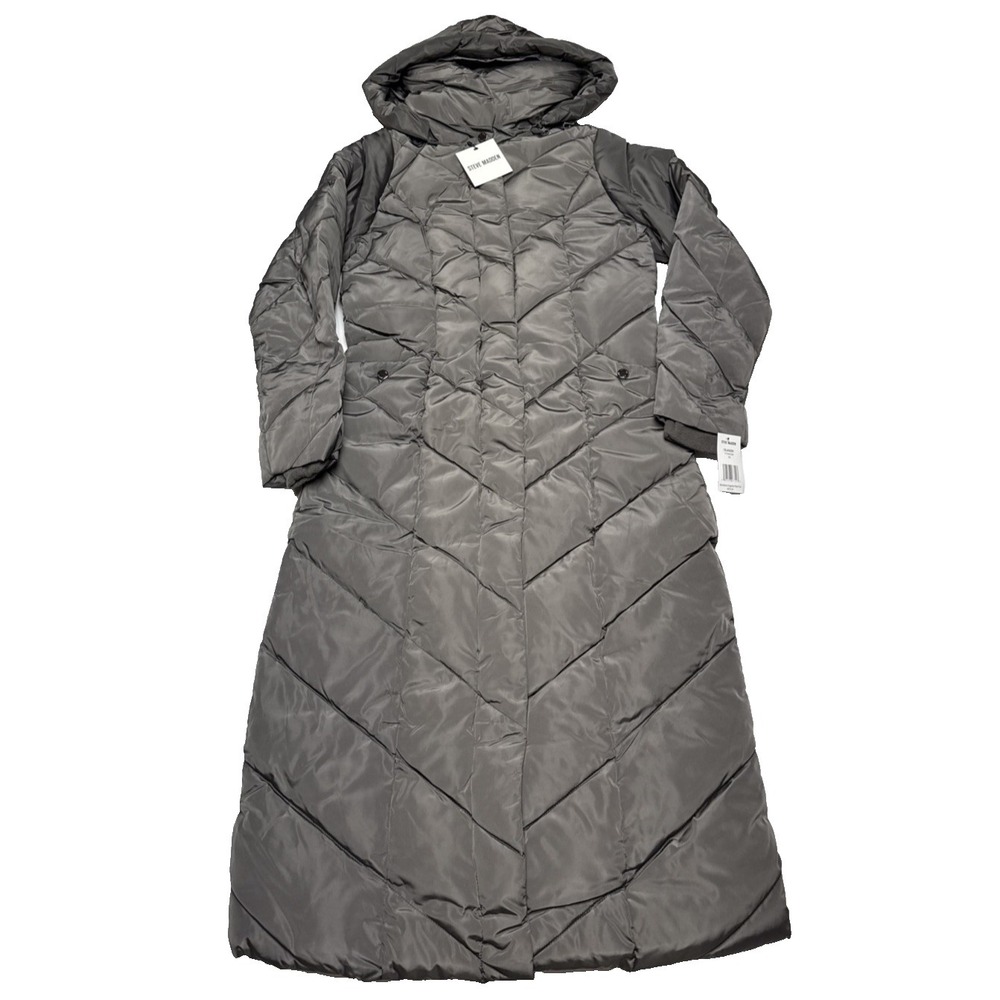 Women's Steve Madden Long Hooded Pillow Collar Puffer Coat, Size XS Gray